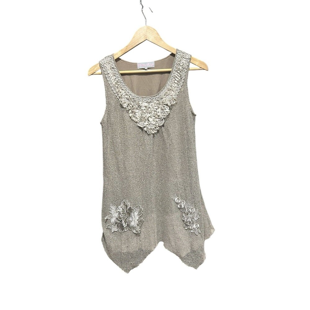 Pretty Angel Sleeveless Tank Top Tan Beige Lace Mesh Boho Tunic Floral Small